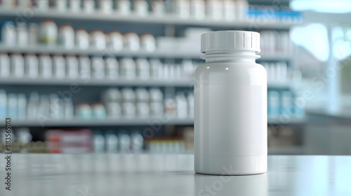 white Supplement bottle, isolated, with a blurred pharmacy background, high quality © john