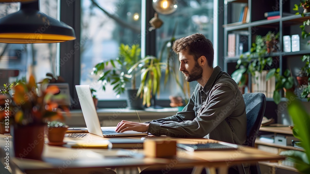 Man Working At Laptop In Contemporary Office. Man Working At Laptop In Contemporary Office.
