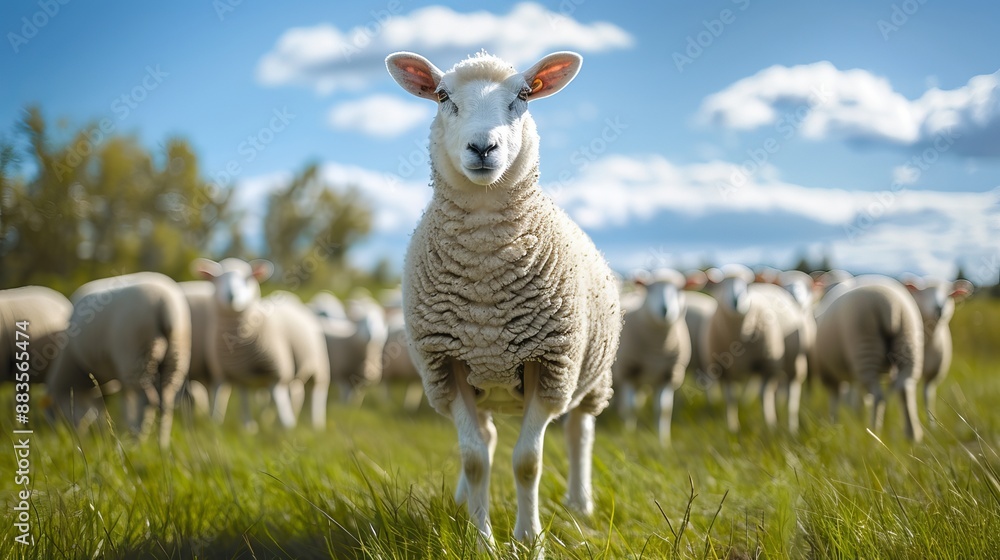 Fototapeta premium Sheep in grass field under cloudy sky, blending with landscape