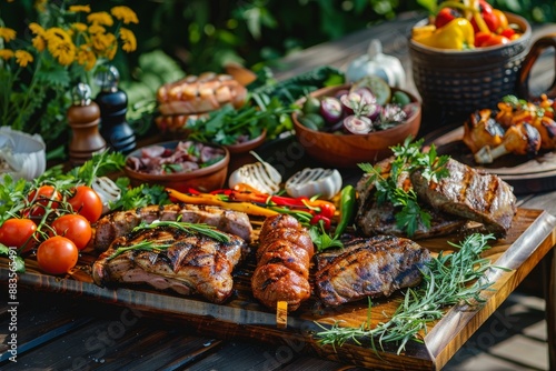 barbecue party with grilled meat and vegetables