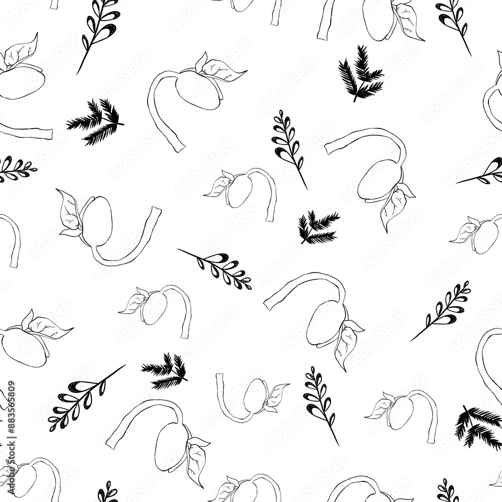 Seamless pattern with bean sprouts and small flowers, black and white illustration Seamless pattern with bean sprouts and small flowers, black and white illustration