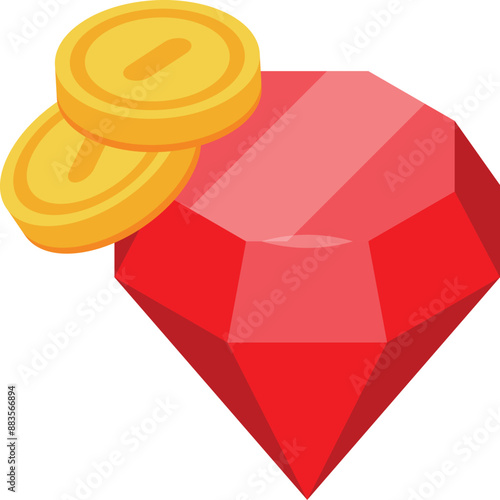 Big red gemstone with two gold coins isometric icon representing wealth and success