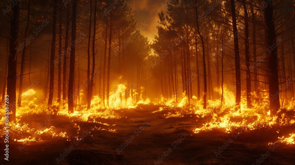 A dramatic nocturnal scene of a raging forest fire with towering flames consuming trees, emitting a glow that lights up the smoke-filled sky. A dramatic nocturnal scene of a raging forest fire with towering flames consuming trees, emitting a glow that lights up the smoke-filled sky.