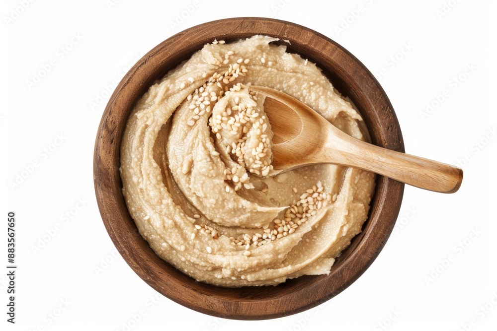 A bowl of creamy hummus served with a wooden spoon for dipping and serving A bowl of creamy hummus served with a wooden spoon for dipping and serving