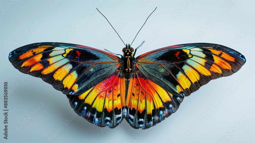 Fototapeta premium A colorful butterfly rests on a white surface in a tranquil scene of nature