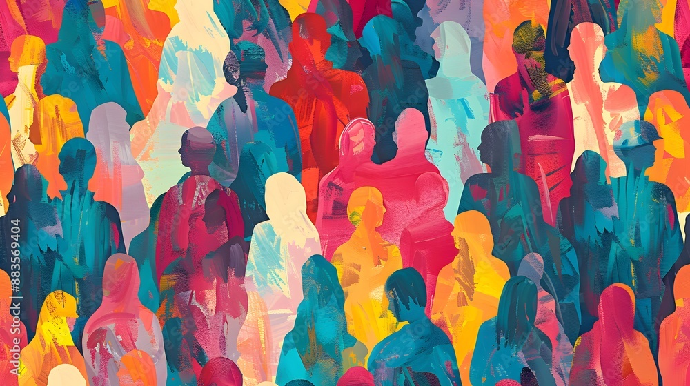 Colorful diverse people crowd abstract art seamless pattern. Multi-ethnic community, big cultural diversity group background illustration in modern collage painting style.