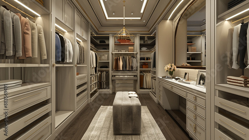 realistic high-resolution photo of walk-in closet, with detailed background