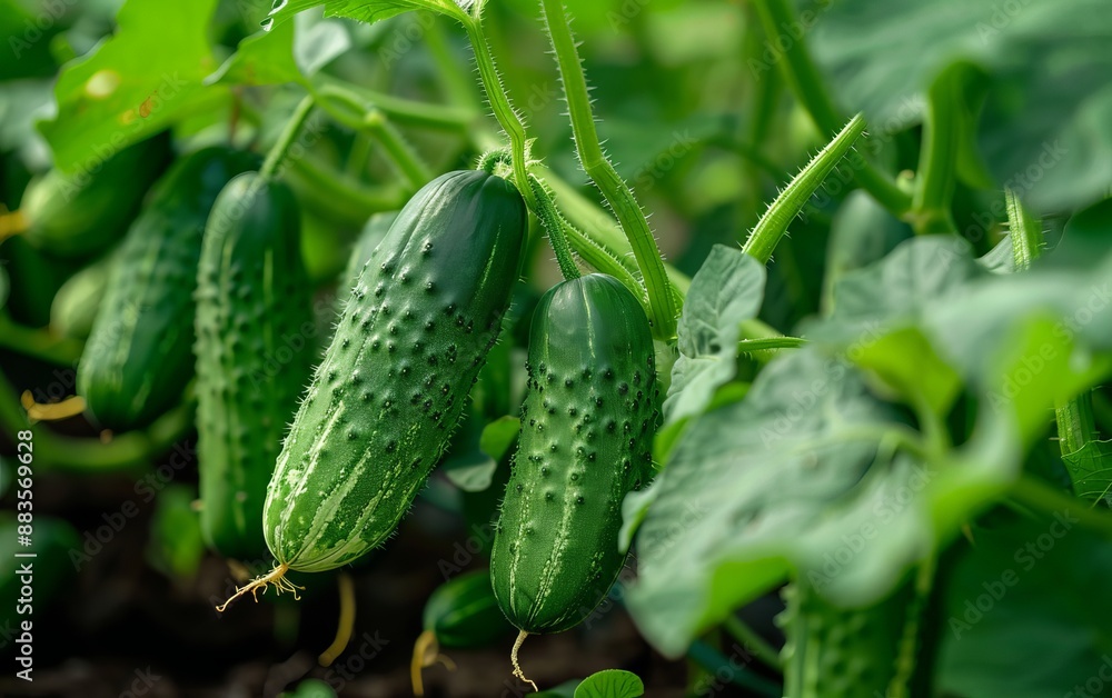 Numerous cucumbers are maturing on a vine in a garden Numerous cucumbers are maturing on a vine in a garden