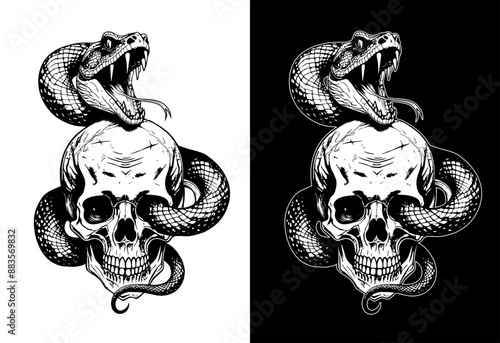 Snake and Skull black & white vector graphic