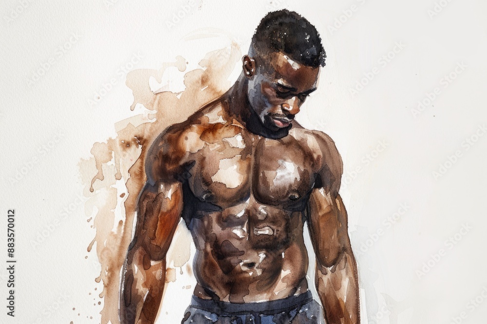 A watercolor painting of a man without a shirt, showcasing his physique A watercolor painting of a man without a shirt, showcasing his physique