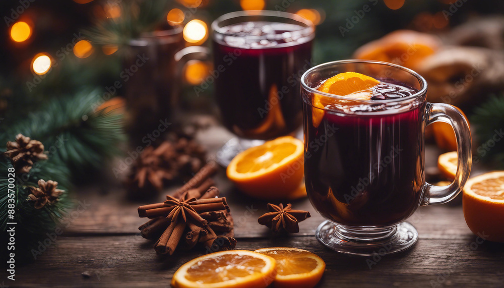 Mulled wine in a glass mug with orange slices and spices in a cozy winter setting Mulled wine in a glass mug with orange slices and spices in a cozy winter setting