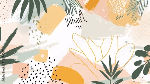 Abstract Tropical Artwork with Brush Strokes and Geometric Patterns