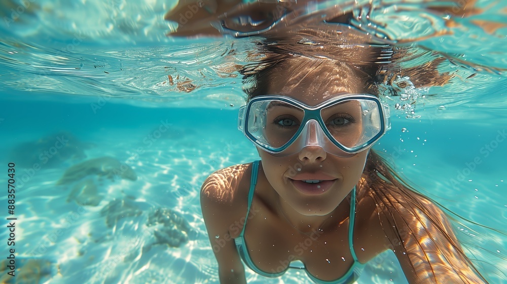 Naklejka premium An underwater shot of a female swimmer diving in a crystal-clear blue sea.