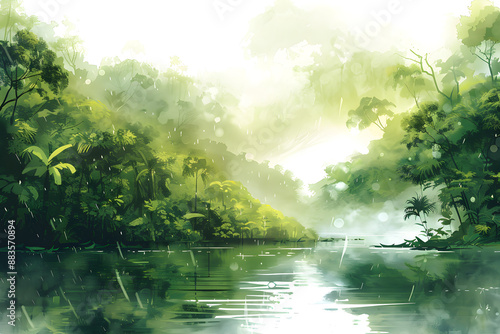 Watercolor landscape of the Amazon