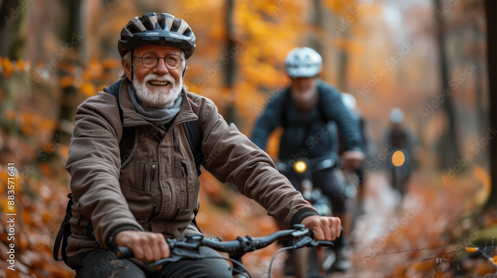 Fototapeta premium elderly people actively spend time riding bicycles along a scenic forest trail