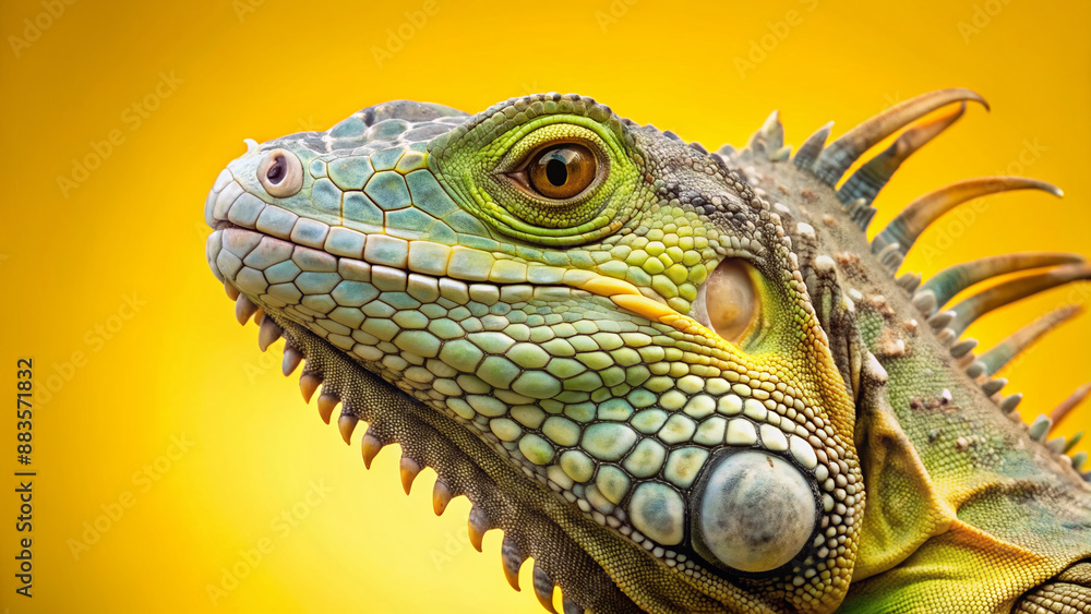 A solitary curious iguana with spiky scales and bright inquisitive eyes peeks out from a solid pastel yellow background, perfect for messaging and advertising. A solitary curious iguana with spiky scales and bright inquisitive eyes peeks out from a solid pastel yellow background, perfect for messaging and advertising.