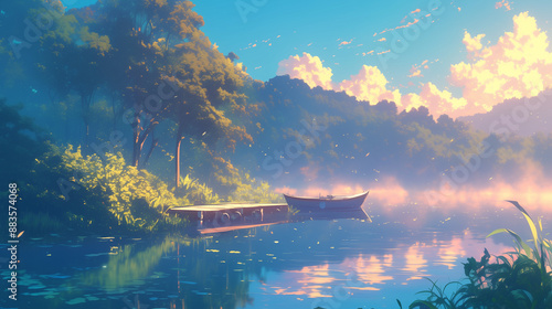 Wallpaper Mural a tranquil anime lakeside scene with a boat, mist rising at dawn, vibrant foliage, and gentle sunlight reflecting on the water Torontodigital.ca