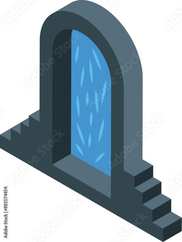 Magic portal opening in stone wall with stairs leading up, concept of fantasy world entrance