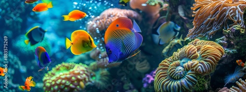 A variety of vibrant fish swim gracefully within a colorful coral reef