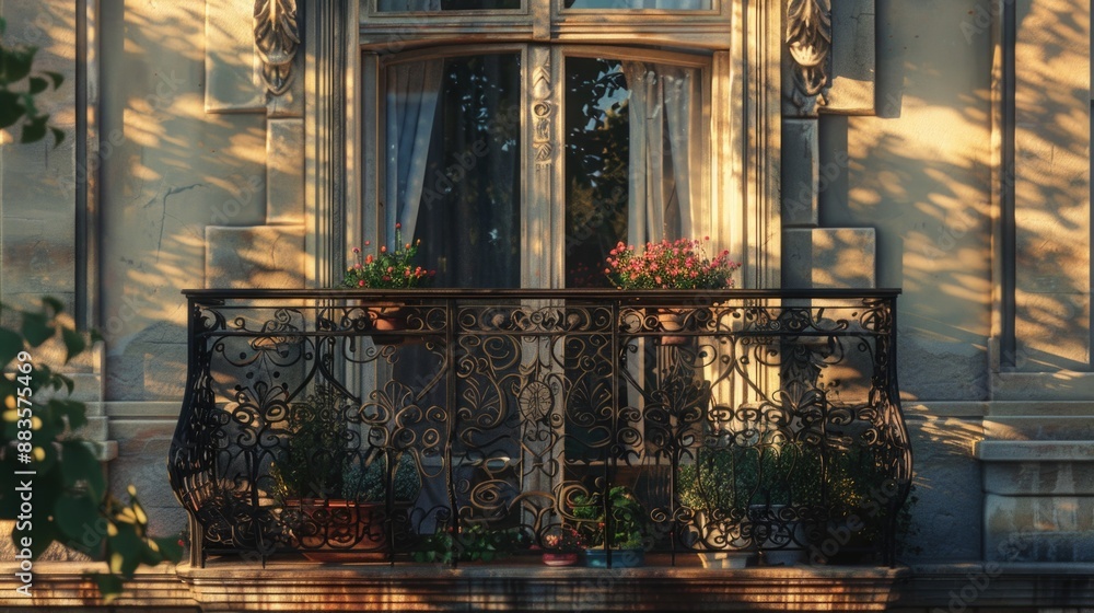Fototapeta premium A balcony with a wrought iron railing and potted plants, perfect for small outdoor spaces