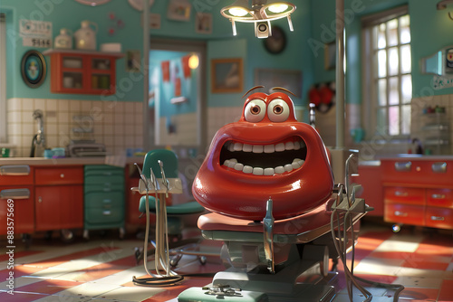 Humorous cartoon tooth character in a colorful dental office setting, sitting in a dental chair with an exaggerated expression, capturing a whimsical and light-hearted moment in a dental-themed enviro photo