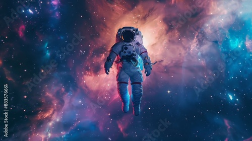 ull-length astronaut with helmet floating in the galaxy, well-lit and detailed outfit, galaxy background 