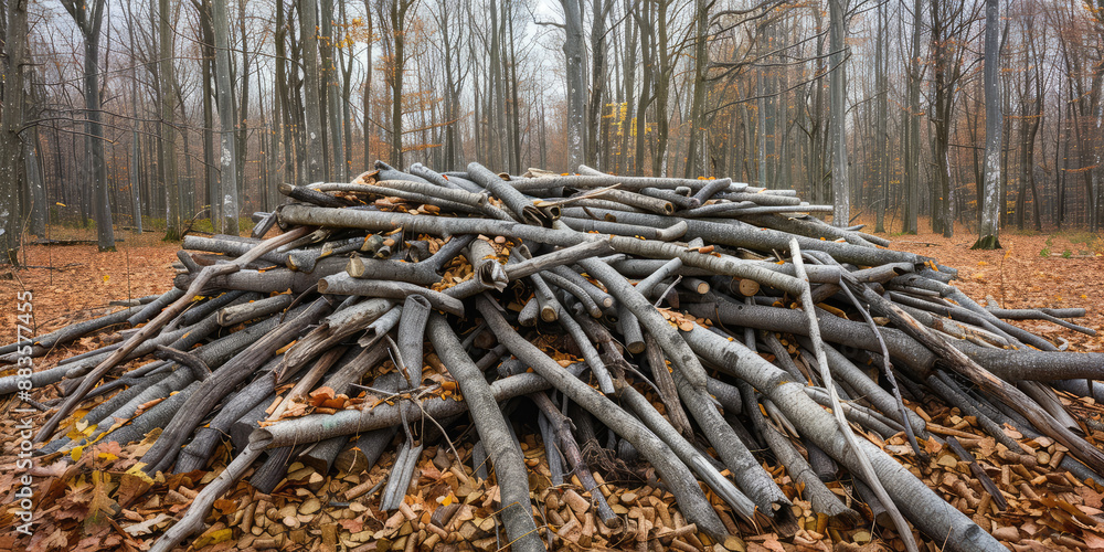 A pile of biomass wood on a forest background. Wood industry Background wallpaper for backing. A pile of biomass wood on a forest background. Wood industry Background wallpaper for backing.