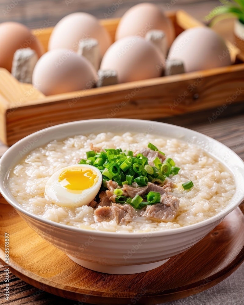 Comforting Rice Porridge with Egg and Scallions. Generative AI. Comforting Rice Porridge with Egg and Scallions. Generative AI.