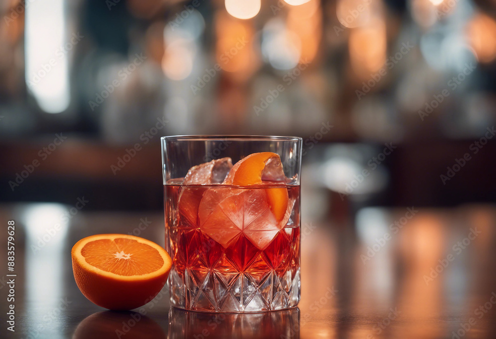 Negroni in a crystal glass with an orange slice in an upscale Italian restaurant Negroni in a crystal glass with an orange slice in an upscale Italian restaurant