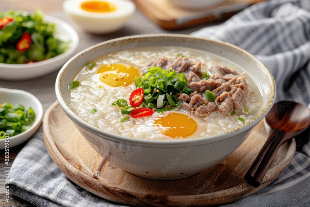 Comforting Congee with Poached Eggs, Beef, and Fresh Scallions. Generative AI. Comforting Congee with Poached Eggs, Beef, and Fresh Scallions. Generative AI.