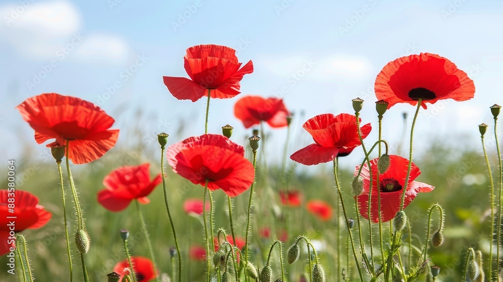 Naklejka premium Red Poppies Blooming in a Field, Beautiful Nature Background with Wildflowers and Blue Sky.