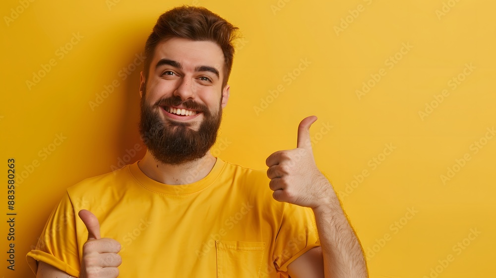 Young handsome man with beard over isolated yellow background with thumbs up because something good has happened. Young handsome man with beard over isolated yellow background with thumbs up because something good has happened.