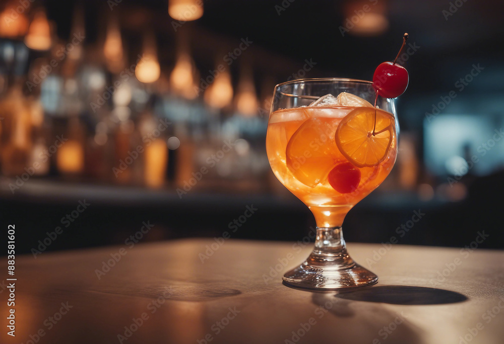 Old fashioned in a heavy tumbler with an orange twist and a cherry in a sophisticated cocktail bar Old fashioned in a heavy tumbler with an orange twist and a cherry in a sophisticated cocktail bar
