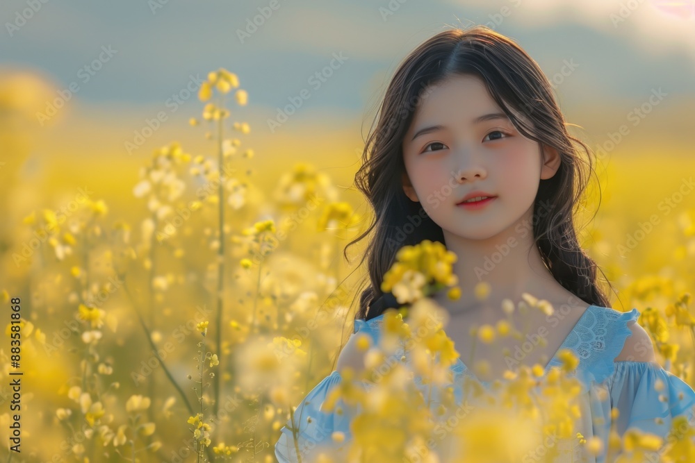 A woman stands in a sunny meadow surrounded by bright yellow flowers, perfect for outdoor and nature-themed designs A woman stands in a sunny meadow surrounded by bright yellow flowers, perfect for outdoor and nature-themed designs
