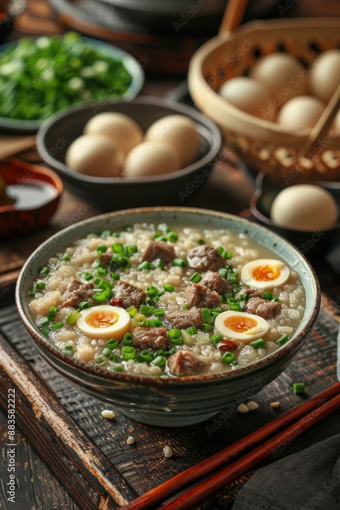 Beef Congee with Soft-Boiled Eggs and Green Onions. Generative AI. Beef Congee with Soft-Boiled Eggs and Green Onions. Generative AI.