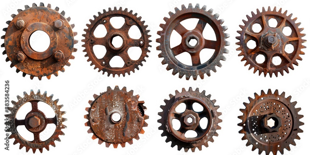 Image shows a collection of old, rusted gears on a white background Image shows a collection of old, rusted gears on a white background