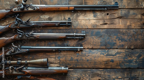 Antique French weapons displayed on a rustic wooden wall, highlighted by soft lighting Ideal for historical collections and Bastille Day themes, with ample space for text