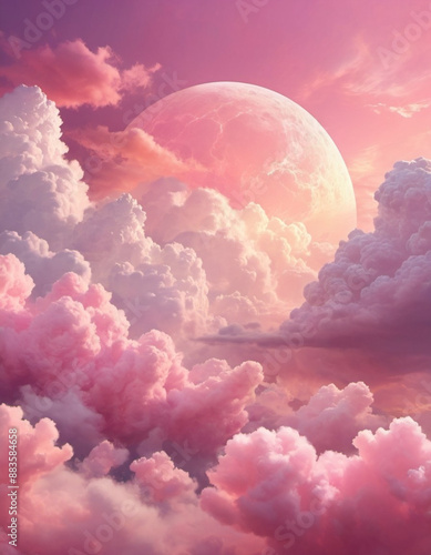 Beautiful pink fluffy clouds in vibrant sunset sky. Visual display. Dramatic unreal sky with cumulus and stratus clouds in atmosphere. Unknown planet with pink clouds. Moon, planets and stars. AI art