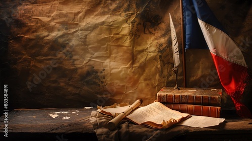 French Revolution artifacts displayed against a minimalist backdrop, illuminated by focused light Ideal for historical collections and Bastille Day promotions, with room for text