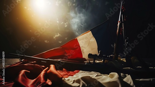 French Revolution artifacts displayed against a minimalist backdrop, illuminated by focused light Ideal for historical collections and Bastille Day promotions, with room for text photo