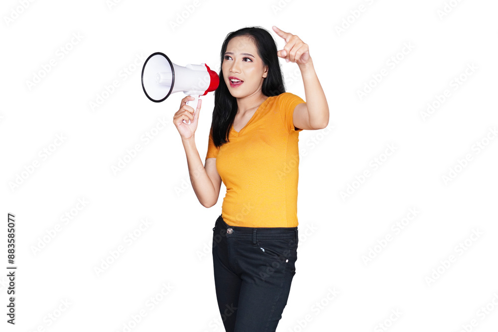 Woman in casual outfit using megaphone and pointing isolated transparent Woman in casual outfit using megaphone and pointing isolated transparent