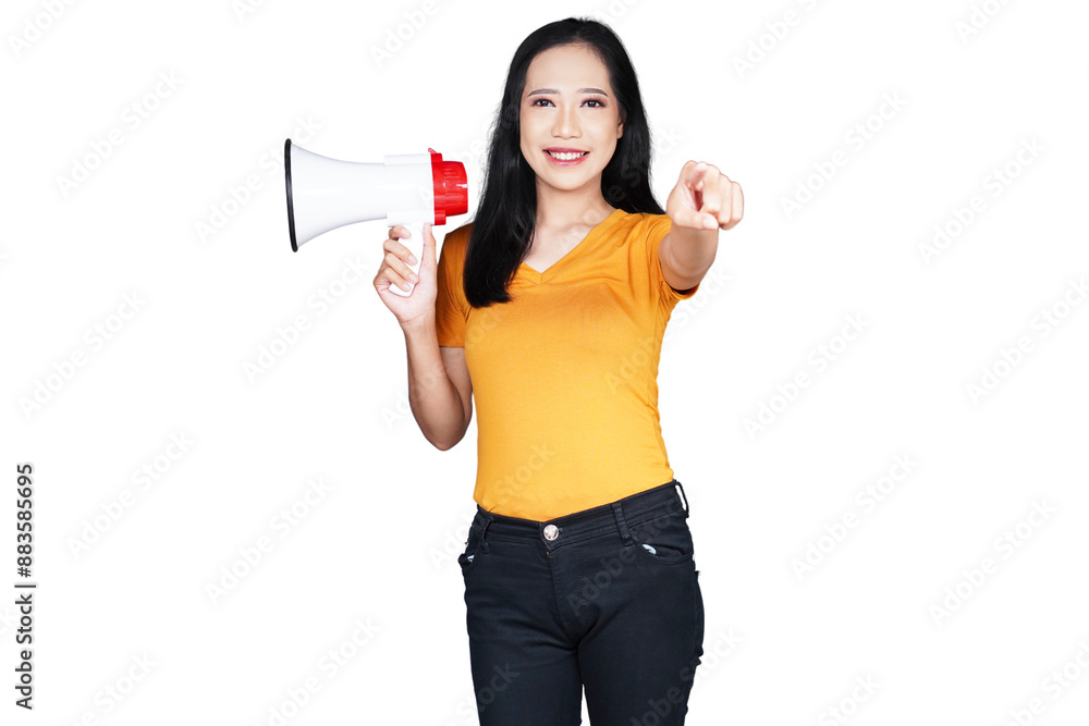 Woman in casual outfit using megaphone and pointing isolated transparent Woman in casual outfit using megaphone and pointing isolated transparent