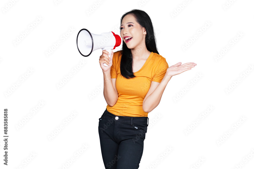 Woman in casual outfit using megaphone isolated transparent Woman in casual outfit using megaphone isolated transparent