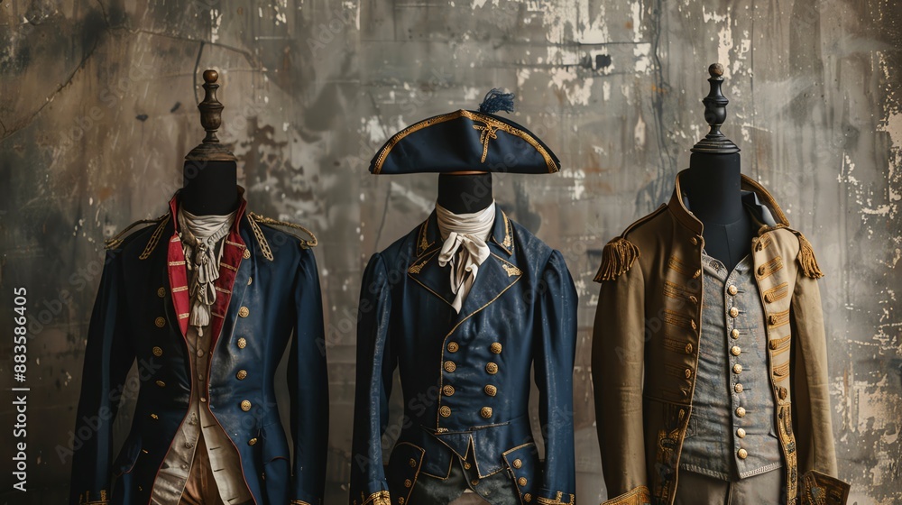 Obraz premium French Revolution uniforms displayed on antique mannequins against a textured backdrop Perfect for historical exhibits and Bastille Day themes, with ample space for text