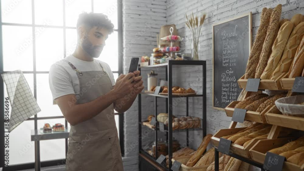 Young man with beard taking photo in bakery filled with fresh bread and pastries Young man with beard taking photo in bakery filled with fresh bread and pastries