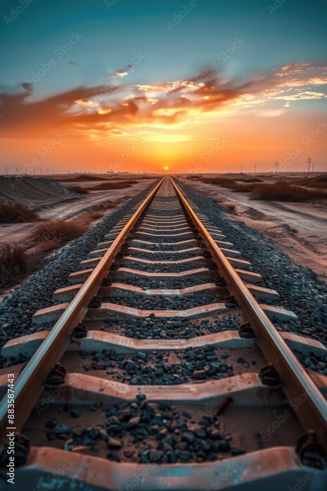 A serene train track scene with a beautiful sunset in the background, ideal for use in travel or nature-related projects A serene train track scene with a beautiful sunset in the background, ideal for use in travel or nature-related projects