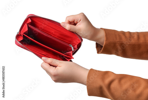 Woman with empty wallet on white background, closeup photo