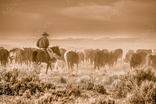 A cowboy on his horse moving cattle to an adjacent desert pasture on a Ranch near Silver Lake.