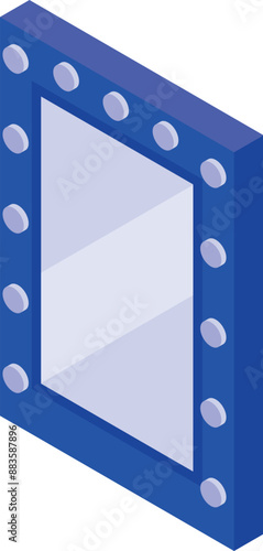 Blue makeup mirror with light bulbs is reflecting on white background