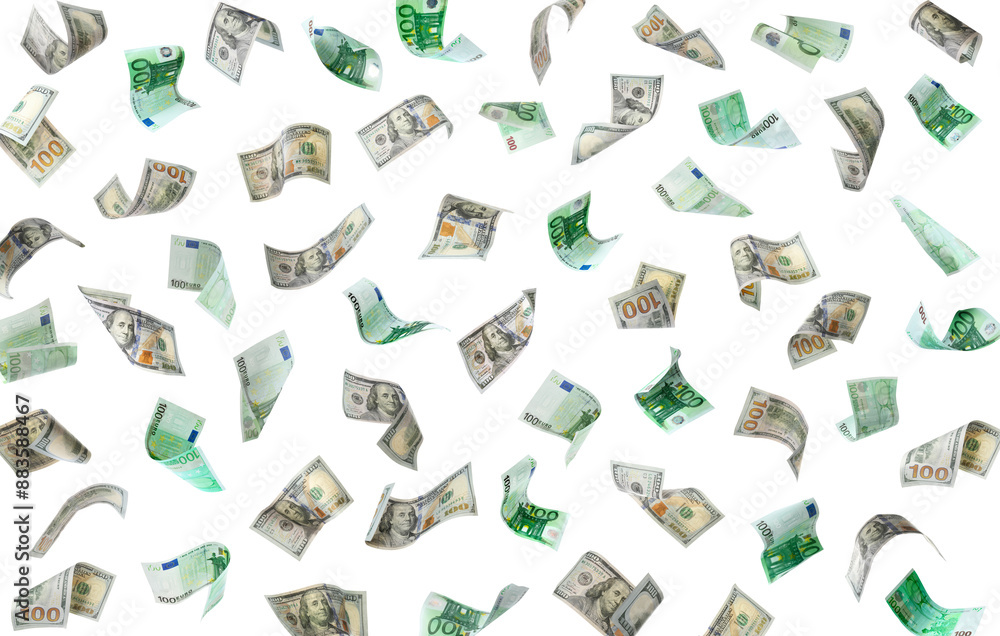 Fototapeta premium Many dollar and euro banknotes falling on white background